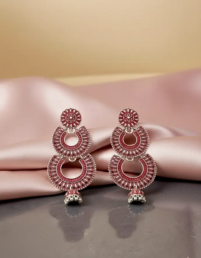 Oxidized Silver Dual Crescent Red Dome Jhumka Earrings