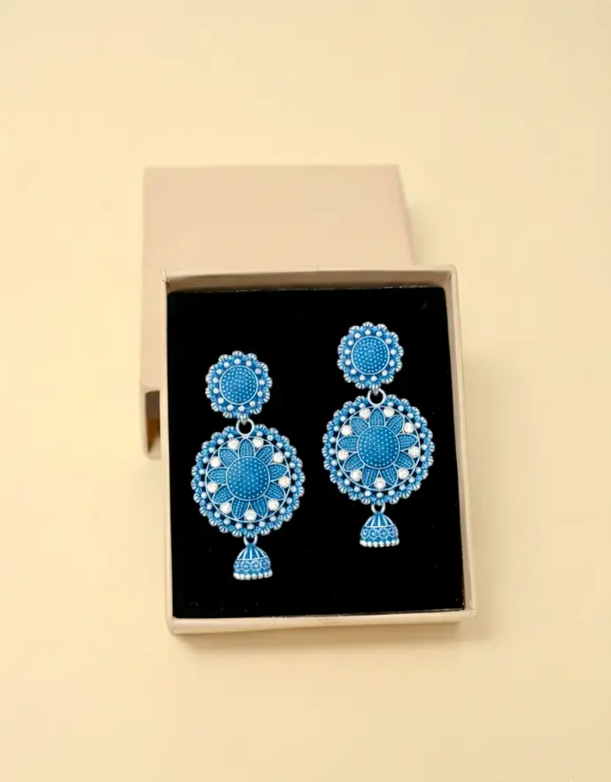 [KOM-EAR-BLU-017] Oxidized Silver Blue Floral Dome Jhumka Earrings for Women & Girls