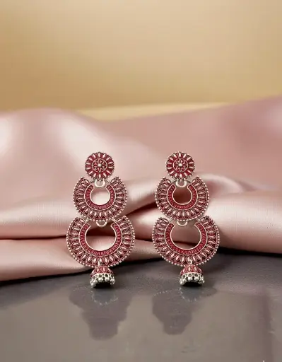 Oxidized Silver Dual Crescent Red Dome Jhumka Earrings