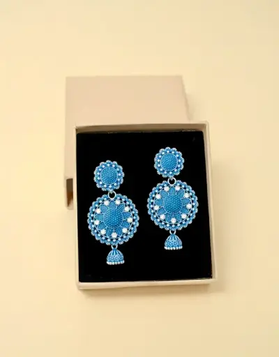[KOM-EAR-BLU-017] Oxidized Silver Blue Floral Dome Jhumka Earrings for Women & Girls